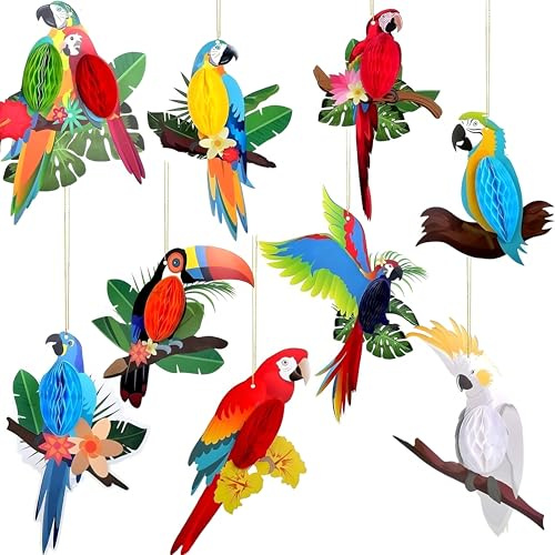 Set de 9 adornos de aves tropicales - Adornos colgantes de loros - Adornos de aves tropicales en forma de panal, ideales para fiestas hawaianas, la playa, la piscina, bodas, cumpleaños, decoraciones d
