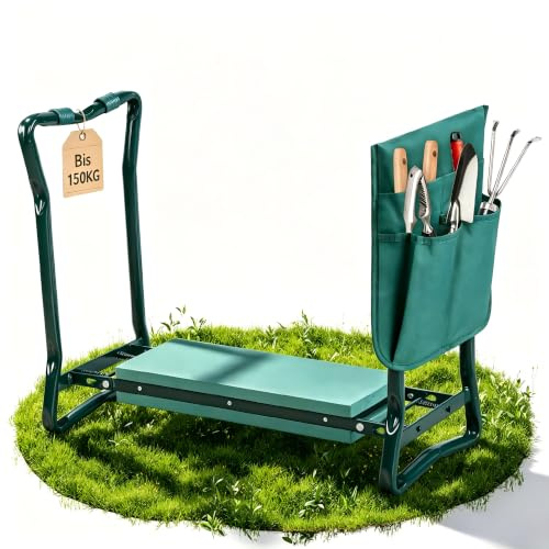 Suusolny Klappbarer Garten Kniehocker mit Eva Schaumpolster und 2 Werkzeugtaschen, Tragkraft bis 150kg Multifunktionaler Arbeitsbank für Gartenarbeit Ernte Knieschutz, Grün