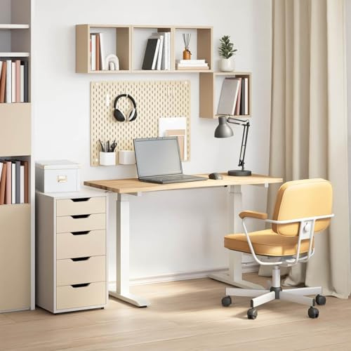 YunCangg Schreibtisch Weiß und Natur 120 x 60 cm Massivholz Eiche höhenverstellbar ergonomisch Büro Homeoffice Arbeitstisch Laptop PC Stehpult