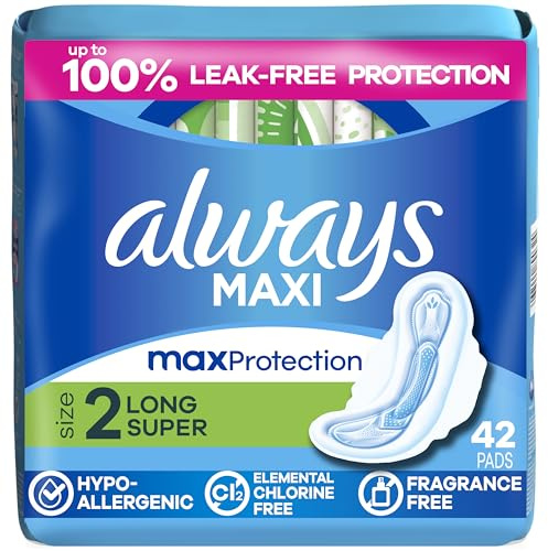 Always Maxi Feminine Pads with Wings for Women, Size 2, Long Super Absorbency, Unscented 42 Count