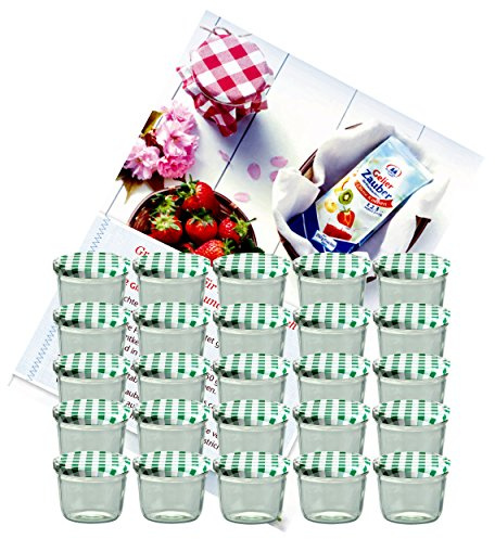 MamboCat 25er Set Sturzglas 230 ml Marmeladenglas Einmachglas Einweckglas to 82 grün Karierter Deckel incl. Diamant-Zucker Gelierzauber Rezeptheft