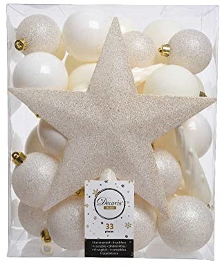 Christmas Decoration Weihnachtskugeln mit Christbaumspitze Stern Kunststoff 33er Set bruchsicher Ivory Elfenbein