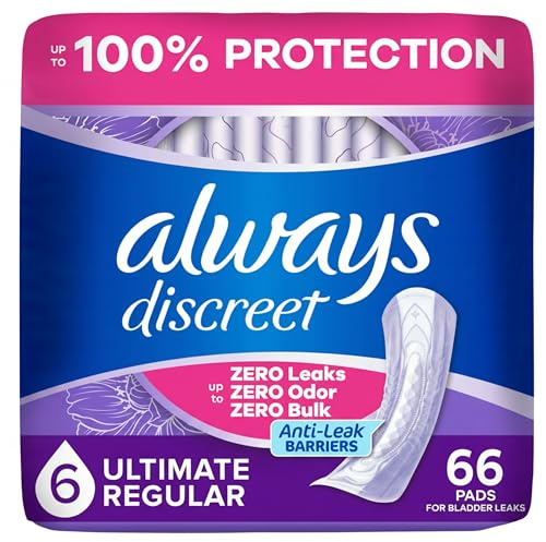 Always Discreet Adult Incontinence Pads for Women, Drier, 6 Drop Regular Length, Extra Heavy Absorbency, Pads for Bladder Control Management, Bladder Leaks, & Postpartum Pads, 66ct