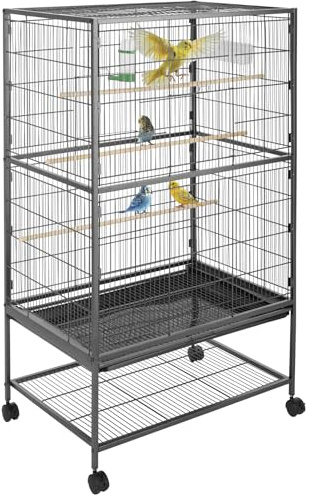 tectake® Pajarera con Ruedas Bloqueables y Bandeja Extraíble, Jaula Pajaros para Loro, Canario, Ninfas y Periquitos, Incluye Comedero, Bebedero y Rejilla Inferior Segura - 78 x 52 x 131 cm