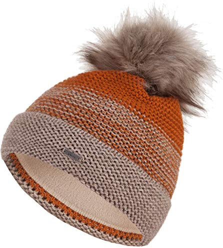 Faera Mütze Damen Wintermütze warm gefüttert mit Fleecefutter Kunstfell Bommelmütze Winter Herbst Bommel Strickmütze Beanie 60