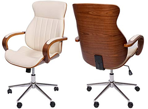 Mendler Bürostuhl HWC-H39, Schreibtischstuhl Drehstuhl Chefsessel, Bugholz Walnuss-Optik Kunstleder FSC®-Zertifiziert - Creme