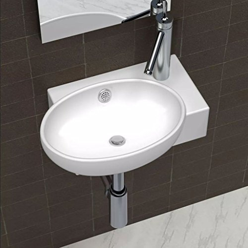 Atlojoys Waschbecken mit Wasserhahn-Loch und Überlaufloch, Waschschale, Waschtisch, Ablaufgarnitur, Waschplatz, Keramik Weiß