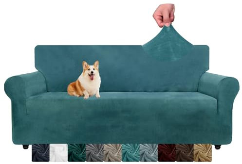 CHELZEN Fundas de Sofá de Terciopelo, Cubiertas de Sofá elásticas, 3 plazas, para Mascotas, para Perros, Protector de Muebles para Sala de Estar (3 Plaza, Azul Pavo Real)