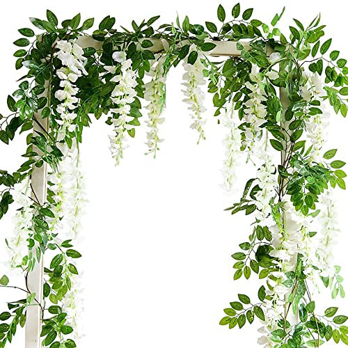 Famibay 2PC Artificial Wisteria Vine Garland White Wisteria Flower Garland 180cm/5.9Ft Silk Vine Plant Hanging Flowers for Wedding Arch Party Home Garden Backdrop Wall Decoration