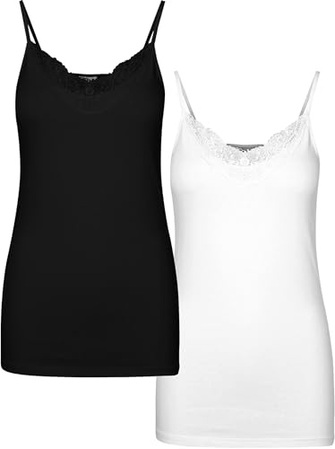VERO MODA Lång kvinnors VMINGE LACE Singlet 2-pack NOOS lång topp, svart/förpackning: Ljus vit, M/T, Svart/pack: ljusvit, M Tall