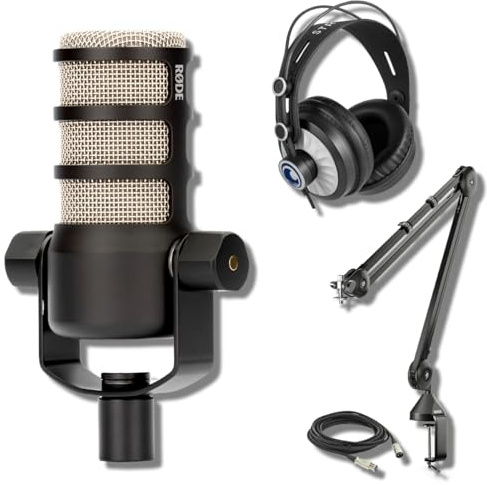 Rode PodMic Dynamic Podcasting Microphone with Rode PSA1 Professional Studio Arm, Multi-Use Studio Grade Headphones, XLR Cable, and StreamEye Polishing Cloth