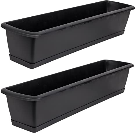 BigDean 2er Set Blumenkasten mit Untersetzer 80 cm lang anthrazit - aus PP-Kunststoff - Balkon Pflanzkasten schmal Balkonkasten