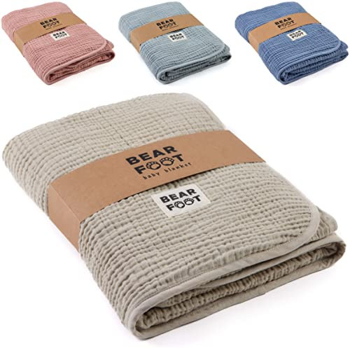 BEARFOOT Babydecke - Musselin Fleecedecke (Baumwolle, Fleece) flauschig weiche Kuscheldecke, Baby/Neugeborene/Kinder Geschenk Junge & Mädchen zur Geburt (Summer Sand)