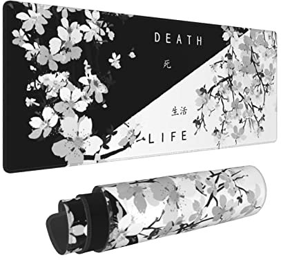 Tapis de souris de jeu long avec base en caoutchouc antidérapant et bords cousus pour clavier et bureau Motif fleurs de cerisier Noir/blanc Taille XL 80 x 30 cm