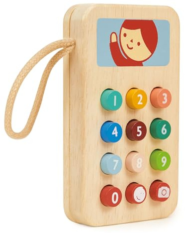 Mentari Toys - Mobile Phone - Solid Wood Phone with Squishy Buttons for Toddlers - Pretend Play Toy - Boost Communication Skills and Language Development - Age 2+