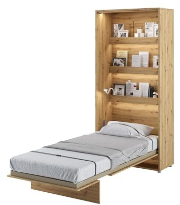 MEBLINI Schrankbett Bed Concept - Wandbett mit Lattenrost - Klappbett mit Schrank - Wandklappbett - Murphy Bed - Bettschrank - BC-03-90x200cm Vertikal - Artisan Eiche mit Matratze