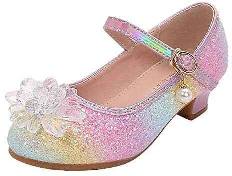 Scarpe da principessa da ragazza con tacco alto, scarpe da ballo con brillantini, scarpe da ballo per il tempo libero, scarpe da ballerina per feste, scarpe da sposa, Colore: rosa., 28 EU