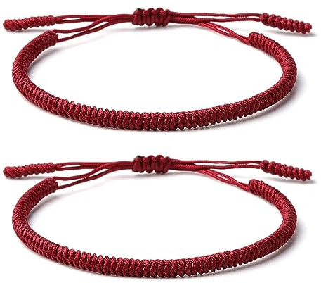 ZYMGUO 2 Pulsera Tibetana Tradicional,Tejida a Mano, Nudo Budista de la Suerte, Cordón Rojo Ajustable,Para Hombre y Mujer,Nudo Tradicional Budista Amuletos de la Suerte y Protección (Rojo oscuro)