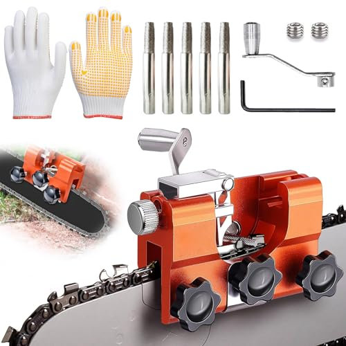 Afilador Cadena Motosierra Portátil,Plantilla para Afilar la Cadena de la Motosierra,Traer 5 Cabezales de Molienda y un par de Guantes,Afilador Motosierra,Para Todos los Motosierra.
