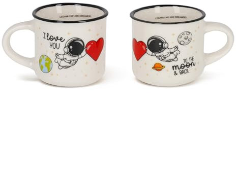 Legami - Tazzine da Caffè Espresso For Two, Set da 2 Coffee Mug in Porcellana New Bone China, Tazza Caffè Lavabile in Lavastoviglie, Tema Astronauta I Love You, Diametro 5,5 cm, Capacità 50 ml