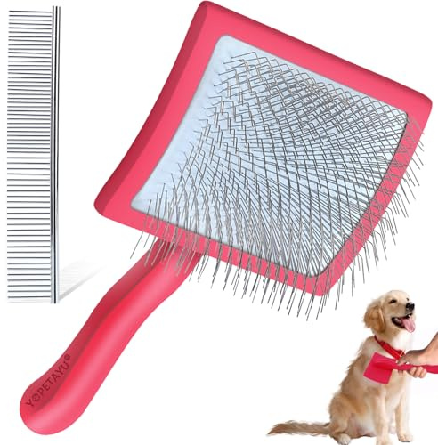 YOPETAYU Large Long Pin Slicker Brush for Poodles, Goldendoodles & Long Haired Dogs - 25mm Pins Professional Grooming Tool with Wooden Handle for Thick Curly Coats, Mats & Undercoat - Red | Best large wooden slicker brush with long steel pins for dog fluffing & grooming metal comb tool set for samoyed poodle pets