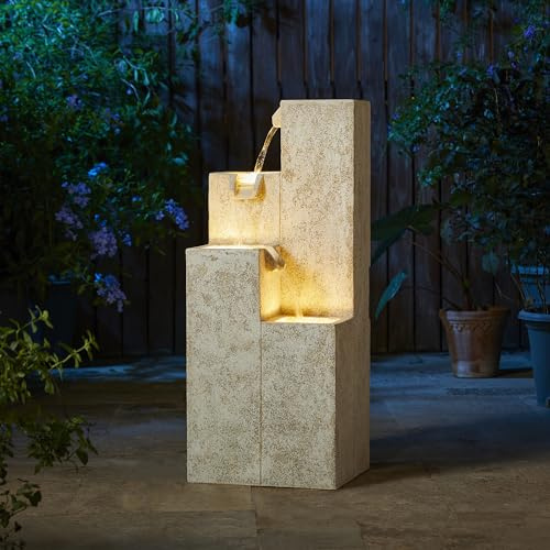 Glitzhome 34 H Outdoor Water Fountain with LED Light and Pump, 4-Tier Vintage Faux Terrazzo Geometric Square Column Polyresin Outdoor Floor Standing Fountain for Porch Deck Patio Backyard