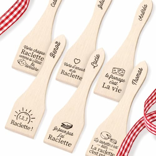 Lot de 6 spatules de raclette avec citation drôle et prénom pérsonnalisé, idée cadeau, hiver