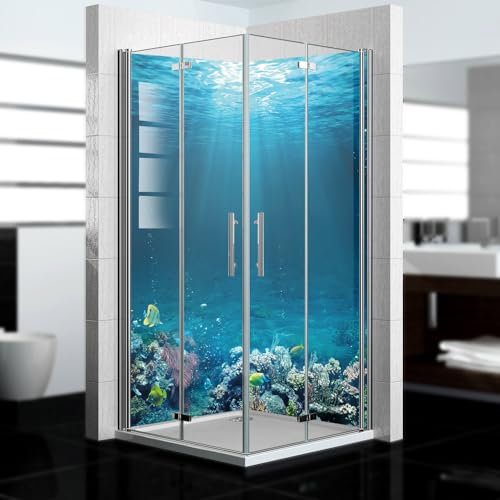 dedeco Eck-Duschrückwand wasserfest Motiv: Ozean V9, UV-Lack glänzend, 2 x 90x210 cm, Badrückwand zum Fliesenersatz, als Dekorwand, Wandverkleidung und Duschplatte aus Aluminium - Made in Germany