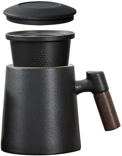 Tasse à Thé avec Couvercle et Passoire, Tasses à thé en Porcelaine Grande 400ml avec Infuseur et Poignée en Bois, Cup Céramique émaillée Mate Jumbo pour Cadeaux Thé ou Infuser Café,sans Plastique Noir