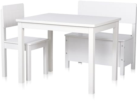 KHG Kinder-Möbel-Set mit Tisch, Bank & Stuhl weiß Landhaus, pflegeleicht | pflegeleichte Oberfläche, robust, kindgerechte Höhe 66x51x50 cm, Kinderzimmer, für Esszimmer und Wohnbereich