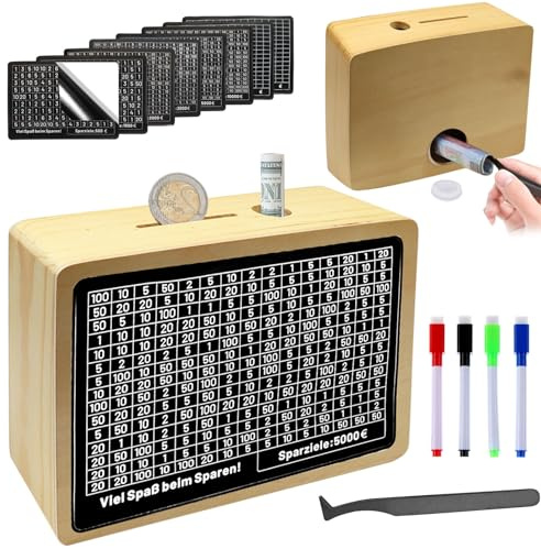 Spardose Holz, Sparbox Mit Sparziel, Spardose mit ZäHler, Sparbox mit Zahlen Ankreuzen,€500 €1,000 €2,000 €3,000 €5,000 €10000 und DIY Blankokarte, Keine Montage Erforderlich (Braun)