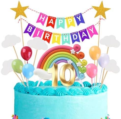 10th Geburtstags Kuchen Topper Birthday Torten Dekoration Geburtstag Kuchendeko Gold Zahl 10 Kerzen Tortendeko Set Regenbogen Ballon Wolke Sterne für Mädchen Jungen Geburtstags Party Supplies