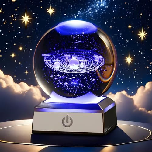 Bola de cristal con sistema solar 3D, bola de cristal 3D, bola de cristal con 8 cm LED multicolor, base de luz nocturna, lámpara decorativa para Navidad, Acción de Gracias, día de San Valentín,
