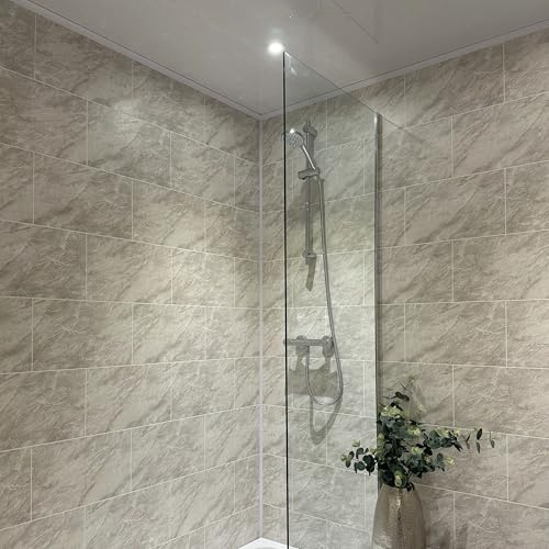 DBS Bathrooms Grey Marble Grout Line Tile Effect PVC Bathroom Wall Panels, Shower Wet Wall, Kitchen Cladding (5 Panels)