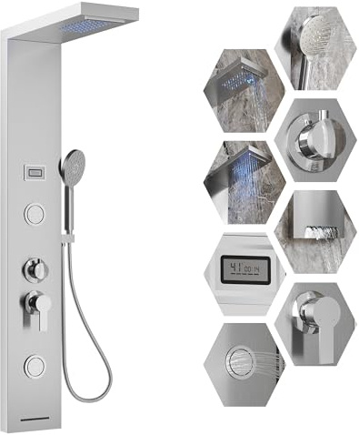 Led Shower Panel Tower System, 5 in 1 Shower Panel with Rainfall Waterfall Shower Head, 2 Body Spray, 3-Function Handheld Shower, Tub Spout,Temperature Display,Stainless Steel Brushed Wall-Mounted