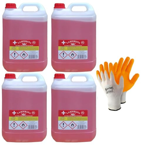 Alcool Denaturato 94° Etilico confezione da 4 x 5 LA SOVRANA + 1 PAIoO DI GUANTI OMAGGIO