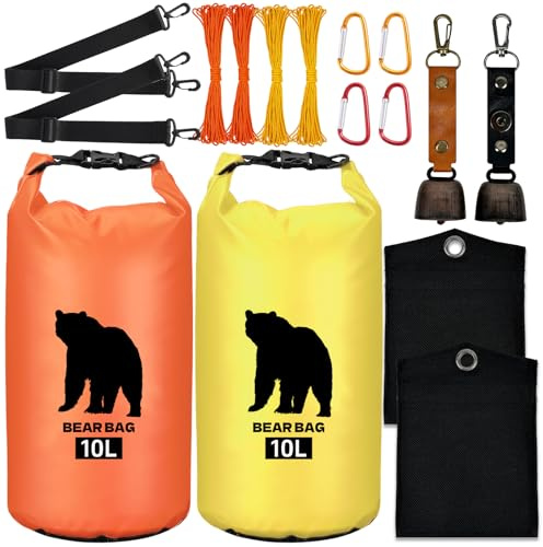 2 Pcs 10L Waterproof Bear Bags with 4 Nylon Ropes, 4 Clips & 2 Rock Pockets & 2 Small Warning Bells for Hanging Food securely. Ultralight Camping Food Bag System. (Orange+Yellow, 10L)