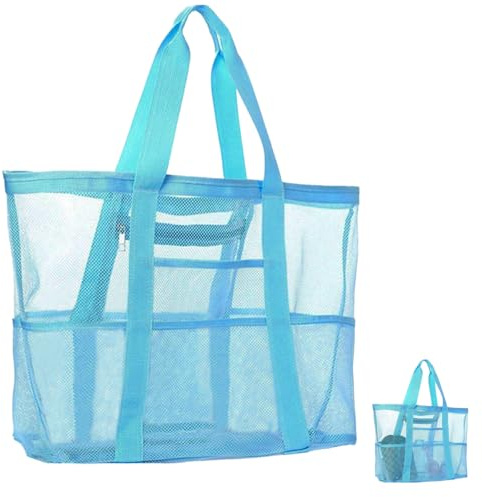 Strandspielzeug Tasche Groß, 43 × 39 × 20 cm Strandtasche Netztasche für Sandspielzeug Wasserspielzeug,Wiederverwendbare,Netztasche Sandspielzeug mit Tasche für Strand, Urlaub, Reise,Fitnessstudio