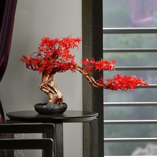 Hltdzer Fake Plants Maple Leaf Artificial Bonsai with Ceramic Vase Maple Faux Tree Modern Home Office Living Room Floor Decor Indoor Artificial Bonsai Tree Faux Plant Decor(Red)