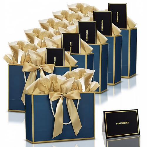 Geschenktüten mit Schleife,6 Stück Geschenktüten Papier mit Griffen Navy Blau Gold,6 Schleifenbändern 6 Grußkarten 12 Seidenpapier,Verpackung Geschenke für Geburtstag,Hochzeit,Party,Bogenpapier
