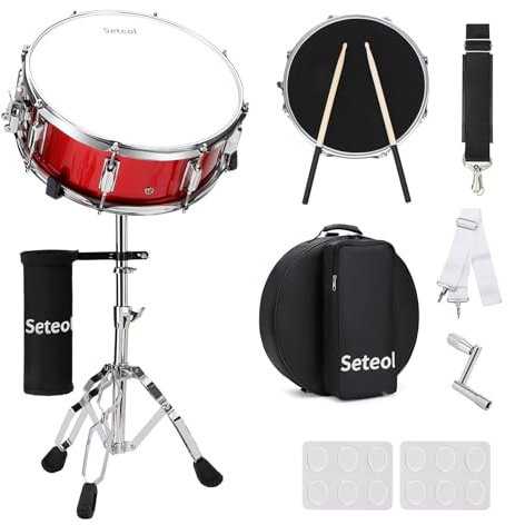 Seteol Snare Drum Set, 14 x 5.5 Marching Snare Drum with Stand & Storage Padded Bag + Silent Mute Pad + Drums Sticks + Drumstick Holder + Drums Key + Damper Gels for Adults Kids Beginners (Red)