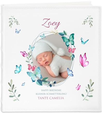 Maverton Fotoalbum zum Einstecken 10x15 cm - Einsteckalbum mit Aufdruck für 500 Fotos - 33x33cm - Weiß - personalisierte Geschenke für Baby zur Taufe Geburt - Geburtstagsgeschenk