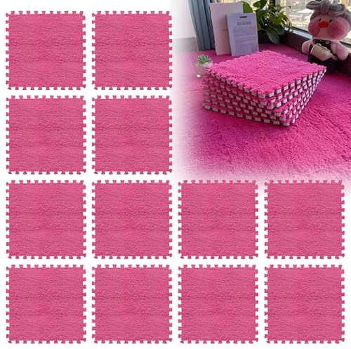 LUPATDY 12 Stück Ineinandergreifende Plüsch Schaumstoffmatte, 30x30cm Schaumstoff Puzzle Matten, Flauschige Wohnzimmer Schlafzimmer Teppichfliesen, Bodenfliesen Für Spielz, Rosa