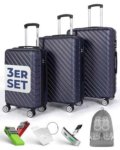 Onbest 3er Kofferset XXL 20/24/28 Zoll blau mit Kofferwaage | ABS-Hartschalenkoffer mit Rollen, Reisegepäck-Set aus Reisekoffer, Trolley und Rollkoffer, digitale Waage