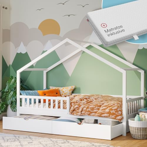 Bellabino Vils Hausbett 90x200 cm, Matratze & Schublade, Massivholz Kiefer | Weiß, Kinderbett mit Rausfallschutz & Lattenrost, Montessori-Bett, massives Kieferholz, Bett für Jungen & Mädchen, Bettrahmen