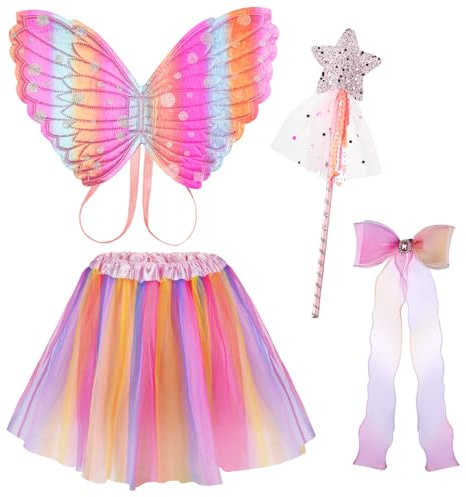 AUYAO Älvingar kostym barn 4 st fjärilsvingar flicka prinsessvingar älva älva klä upp set med tutu hårklämma med rosett spira för halloween karneval födelsedag karneval (B-rosa)
