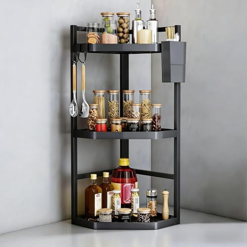 AmoreTempo 3 Etagen Verstellbares Küchenregal Ecke 60cm Extra Großes Arbeitsplatte Stehgestell Wand Gewürzregal Ecke Edelstahl Eckregal Stehend Organizer für Küche Badezimmer (3 Etagen)