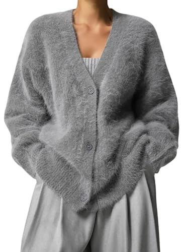 LIEROLYE Suéter Tipo Cárdigan De Punto Afelpado Para Mujer, Jersey Con Cuello En V Abertura Frontal Y Botones, Sueter Informal De Punto Holgado Con Hombros Caídos(Gray,L)