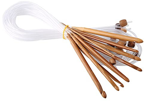 SustVita Afghan Crochet Hooks Set 12pcs Bamboo Knitting Needles with Cable for Tunisian Crocheting Carpet Rug Weave and Craft Projects 3mm to 10mm