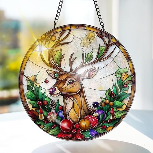 Bimkole HjortFönsterhänge I Målat Glas Med Solfångare -Djur Hängande Fönsterdekoration - för Trädgård, Fönster och Dörr, Jul, Handgjord Suncatcher Dekor 20x20 cm